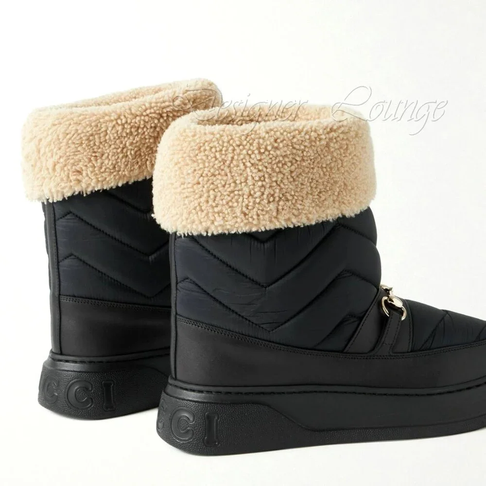 NEW GUCCI Quebec Shearling Horsebit Quilted Nylon and Leather Boots G 9 / US 9.5